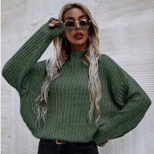 SHEIN | Green | Mock Neck Batwing Sleeve Rib-knit Sweater
